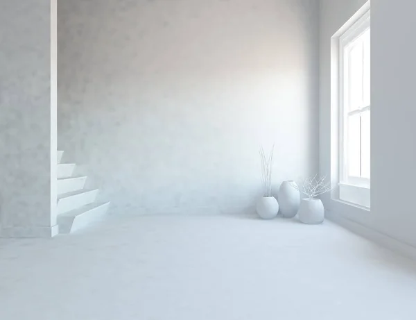 Idea of a white empty scandinavian room interior with vases on wooden floor . Home nordic interior. 3D illustration