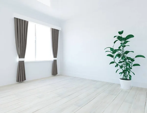Idea of a white empty scandinavian room interior with plant on wooden floor  . Home nordic interior. 3D illustration - Illustration