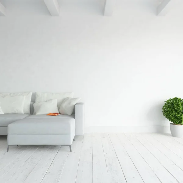 Idea Interni Soggiorno Scandinavo Bianco Con Divano Pianta Pavimento Legno — Foto Stock