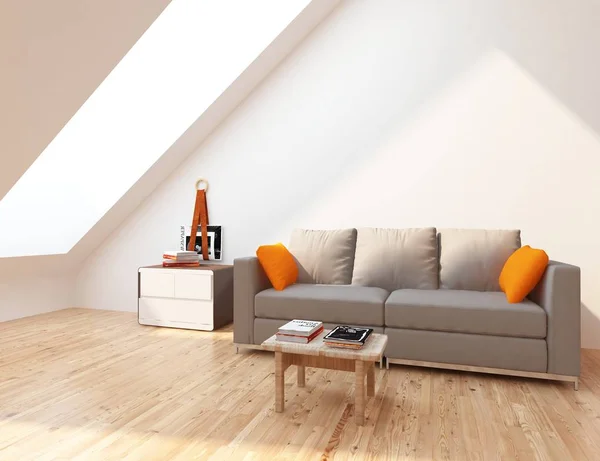 提出了一个斯堪的纳维亚客厅内部与沙发和木地板的想法 家北欧内饰 — 图库照片