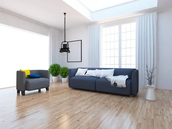一个白色的斯堪的纳维亚客厅内部与沙发 植物和木地板的想法 家北欧内饰 — 图库照片