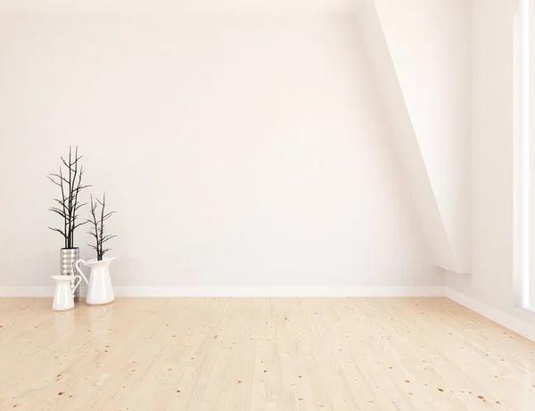 一个白色的空斯堪的纳维亚房间内部与木地板上的花瓶的想法 家北欧内饰 — 图库照片