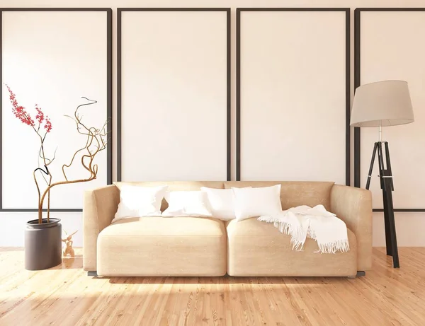 Ide Interior Ruang Tamu Skandinavia Dengan Sofa Tanaman Dan Lantai — Stok Foto
