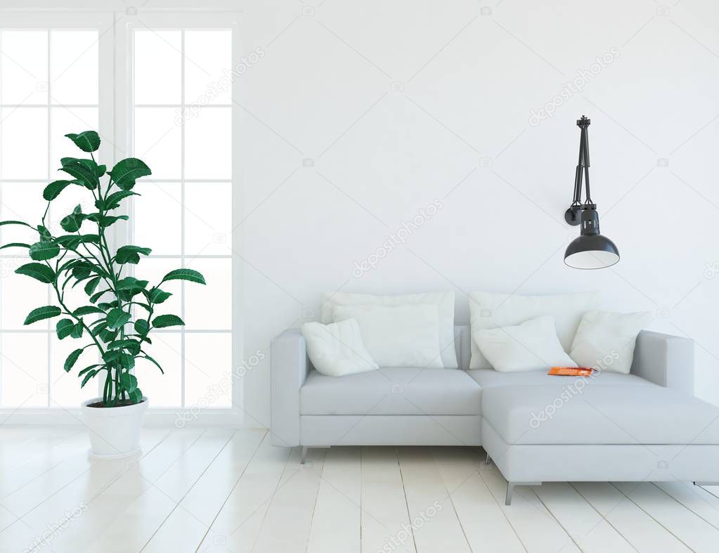 Idea of  white scandinavian living room interior with sofa ,plant and wooden floor  . Home nordic interior. 3D illustration 