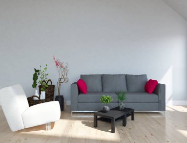 Bir beyaz İskandinav oturma odası iç kanepe, bitkiler ve ahşap zemin ile fikir. Ev nordic iç. 3D çizim 