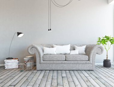 İskandinav oturma odası iç kanepe, bitki ve ahşap zemin ile fikir. Ev nordic iç. 3D çizim 