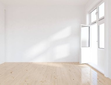 Beyaz Oda iç windows ile. İskandinav iç tasarım. 3D çizim