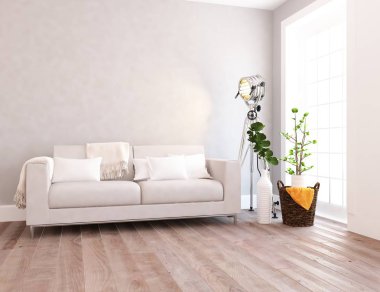 Bir beyaz İskandinav oturma odası iç kanepe, bitkiler ve ahşap zemin ile fikir. Ev nordic iç. 3D çizim 