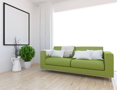 İskandinav oturma odası iç kanepe, bitki ve ahşap zemin ile fikir. Ev nordic iç. 3D çizim 