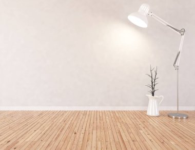 Boş İskandinav odası iç ahşap zemin üzerinde vazo ile fikir. Ev nordic iç. 3D çizim 