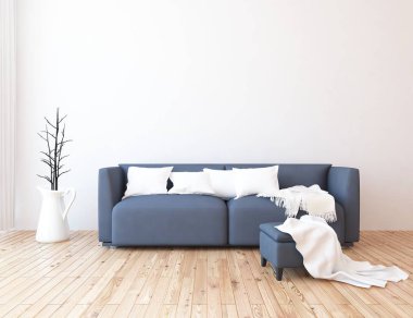 İskandinav oturma odası iç kanepe, bitki ve ahşap zemin ile fikir. Ev nordic iç. 3D çizim 