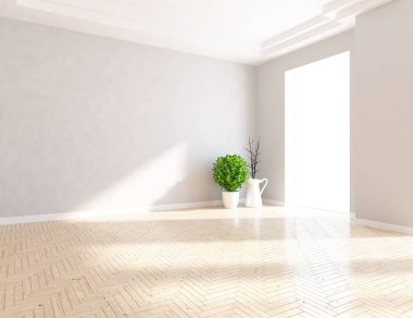 Boş İskandinav odası iç ahşap zemin üzerinde vazo ile fikir. Ev nordic iç. 3D çizim 