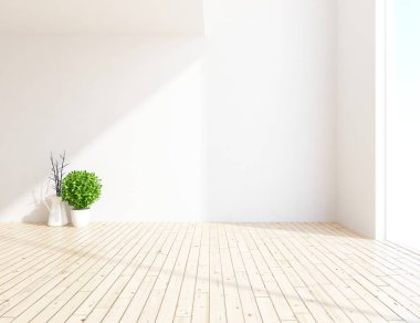 Boş İskandinav odası iç ahşap zemin üzerinde vazo ile fikir. Ev nordic iç. 3D çizim 