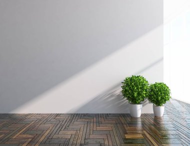 Boş İskandinav odası iç ahşap zemin üzerinde vazo ile fikir. Ev nordic iç. 3D çizim 