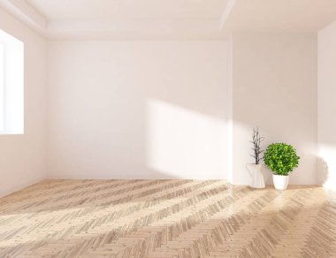 Boş İskandinav odası iç ahşap zemin üzerinde vazo ile fikir. Ev nordic iç. 3D çizim 