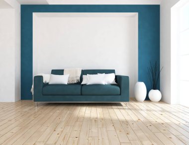 İskandinav oturma odası iç kanepe, bitki ve ahşap zemin ile fikir. Ev nordic iç. 3D çizim 