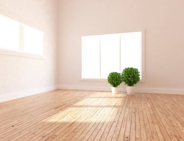 Boş İskandinav odası iç ahşap zemin üzerinde vazo ile fikir. Ev nordic iç. 3D çizim 