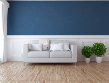 İskandinav oturma odası iç kanepe, bitkiler ve ahşap zemin ile fikir. Ev nordic iç. 3D çizim 