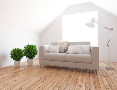 Bir İskandinav oturma odası iç kanepe, bitkiler ve ahşap zemin ile fikir. Ev nordic iç. 3D çizim 