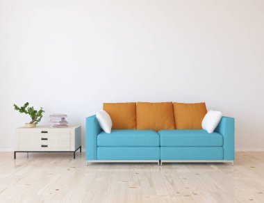 İskandinav oturma odası iç kanepe, bitki ve ahşap zemin ile fikir. Ev nordic iç. 3D çizim 