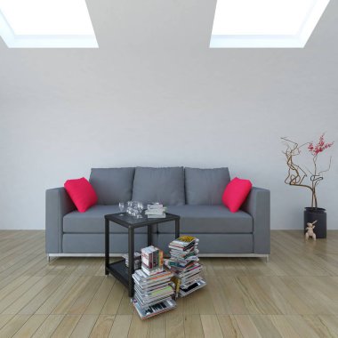 İskandinav oturma odası iç kanepe, bitki ve ahşap zemin ile fikir. Ev nordic iç. 3D çizim 