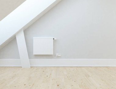 Boş İskandinav odası iç ahşap zemin ile fikir. Ev nordic iç. 3D çizim - illüstrasyon