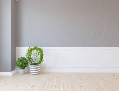 Boş İskandinav odası iç ahşap zemin üzerinde vazo ile fikir. Ev nordic iç. 3D çizim 