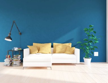 İskandinav oturma odası iç kanepe, bitki ve ahşap zemin ile fikir. Ev nordic iç. 3D çizim 