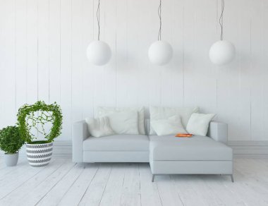 Bir beyaz İskandinav oturma odası iç kanepe, bitkiler ve ahşap zemin ile fikir. Ev nordic iç. 3D çizim 