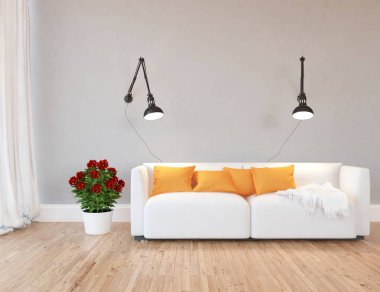 İskandinav oturma odası iç kanepe, bitki ve ahşap zemin ile fikir. Ev nordic iç. 3D çizim 