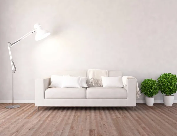 Idea White Scandinavian Living Room Interior Sofa Plants Wooden Floor — Stock Photo, Image