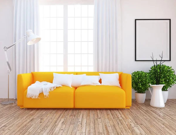 Ide Interior Ruang Tamu Skandinavia Putih Dengan Sofa Tanaman Dan — Stok Foto