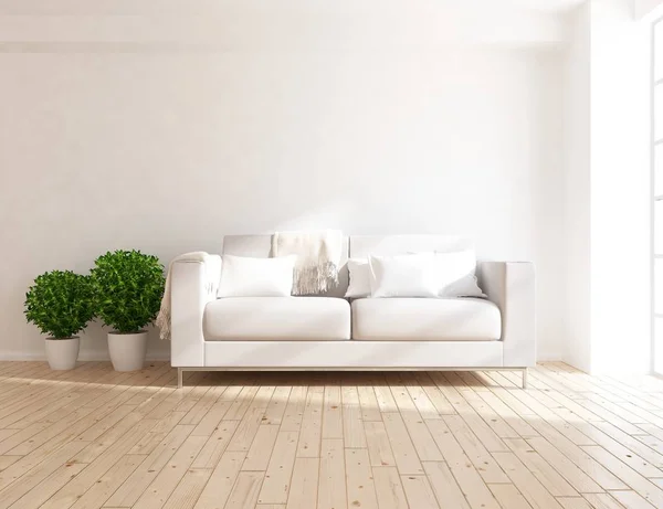 Idea Wnętrza Biały Skandynawski Salon Sofą Rośliny Drewniane Podłogi Strona — Zdjęcie stockowe