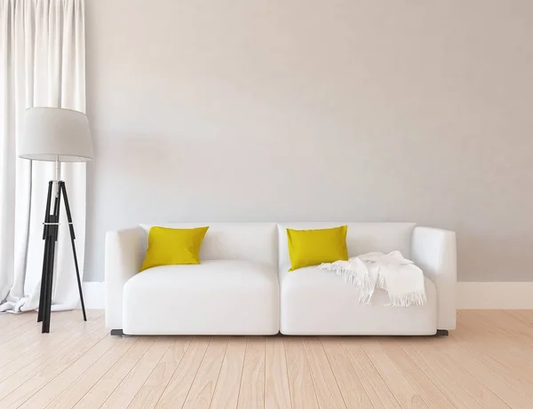 ソファーと木製の床のある白い北欧リビング ルーム インテリアのアイデア 北欧インテリア イラストレーション — ストック写真