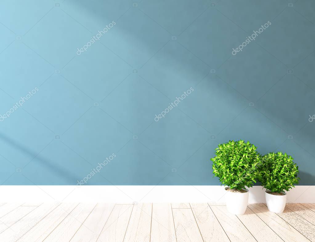 Idea of  empty scandinavian room interior with vases on wooden floor . Home nordic interior. 3D illustration 