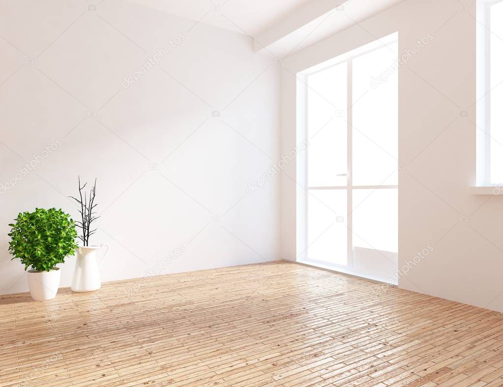 Idea of  empty scandinavian room interior with vases on wooden floor . Home nordic interior. 3D illustration 