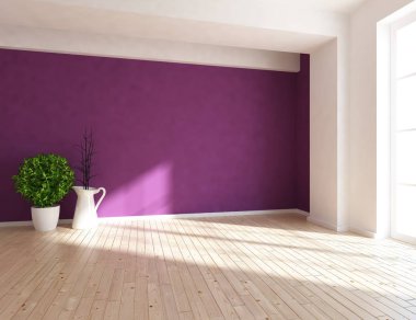 Boş İskandinav odası iç ahşap zemin üzerinde bitkiler ile fikir. Ev nordic iç. 3D çizim