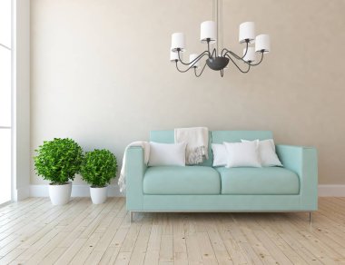 Bir İskandinav oturma odası iç kanepe, bitkiler ve ahşap zemin ile fikir. Ev nordic iç. 3D çizim 