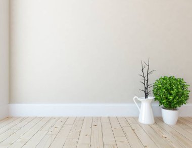 Boş İskandinav odası iç ahşap zemin üzerinde bitkiler ile fikir. Ev nordic iç. 3D çizim