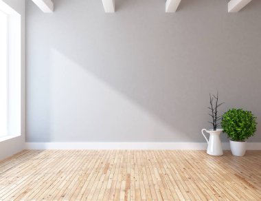 Boş İskandinav odası iç ahşap zemin üzerinde bitkiler ile fikir. Ev nordic iç. 3D çizim