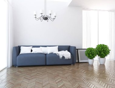 Bir İskandinav oturma odası iç kanepe, bitkiler ve ahşap zemin ile fikir. Ev nordic iç. 3D çizim 