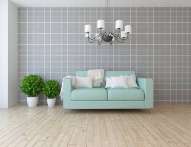 Bir İskandinav oturma odası iç kanepe, bitkiler ve ahşap zemin ile fikir. Ev nordic iç. 3D çizim 