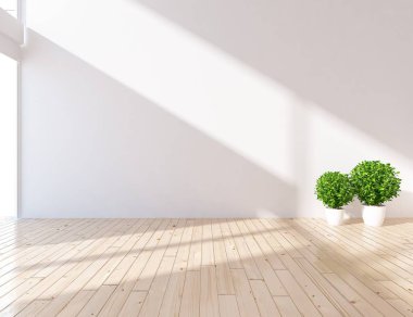 Boş İskandinav odası iç ahşap zemin üzerinde bitkiler ile fikir. Ev nordic iç. 3D çizim
