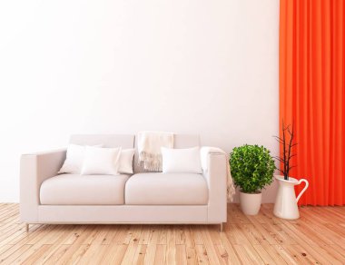 İskandinav oturma odası iç kanepe, bitki ve ahşap zemin ile fikir. Ev nordic iç. 3D çizim 