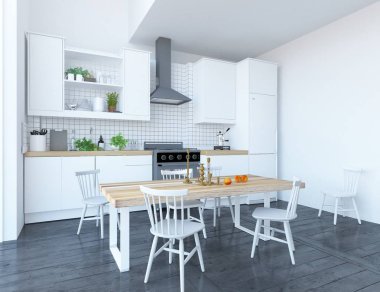 İskandinav mutfak Oda iç mobilya ve büyük duvar yemek fikri. Ev nordic iç. 3D çizim - illüstrasyon