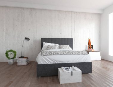 İskandinav oturma odası iç yatak ve ahşap zemin düşüncesi. Ev nordic iç. 3D çizim 