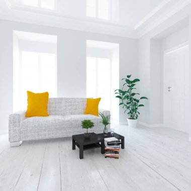 Bir İskandinav oturma odası iç kanepe, bitkiler ve ahşap zemin ile fikir. Ev nordic iç. 3D çizim 