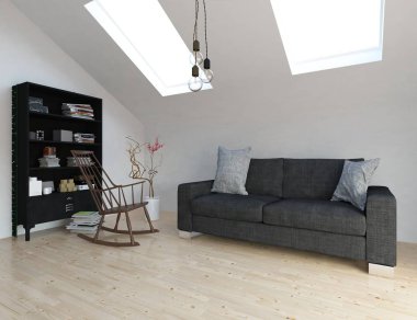 Bir İskandinav oturma odası iç kanepe ve ahşap zemin ile fikir. Ev nordic iç. 3D çizim - illüstrasyon