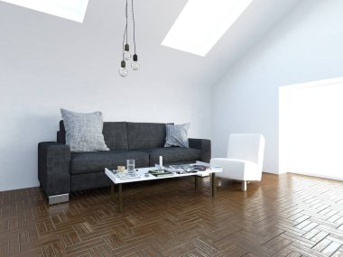 Bir İskandinav oturma odası iç kanepe ve ahşap zemin ile fikir. Ev nordic iç. 3D çizim - illüstrasyon