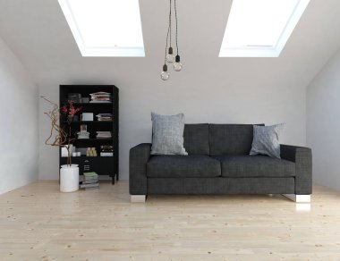 Bir İskandinav oturma odası iç kanepe ve ahşap zemin ile fikir. Ev nordic iç. 3D çizim - illüstrasyon